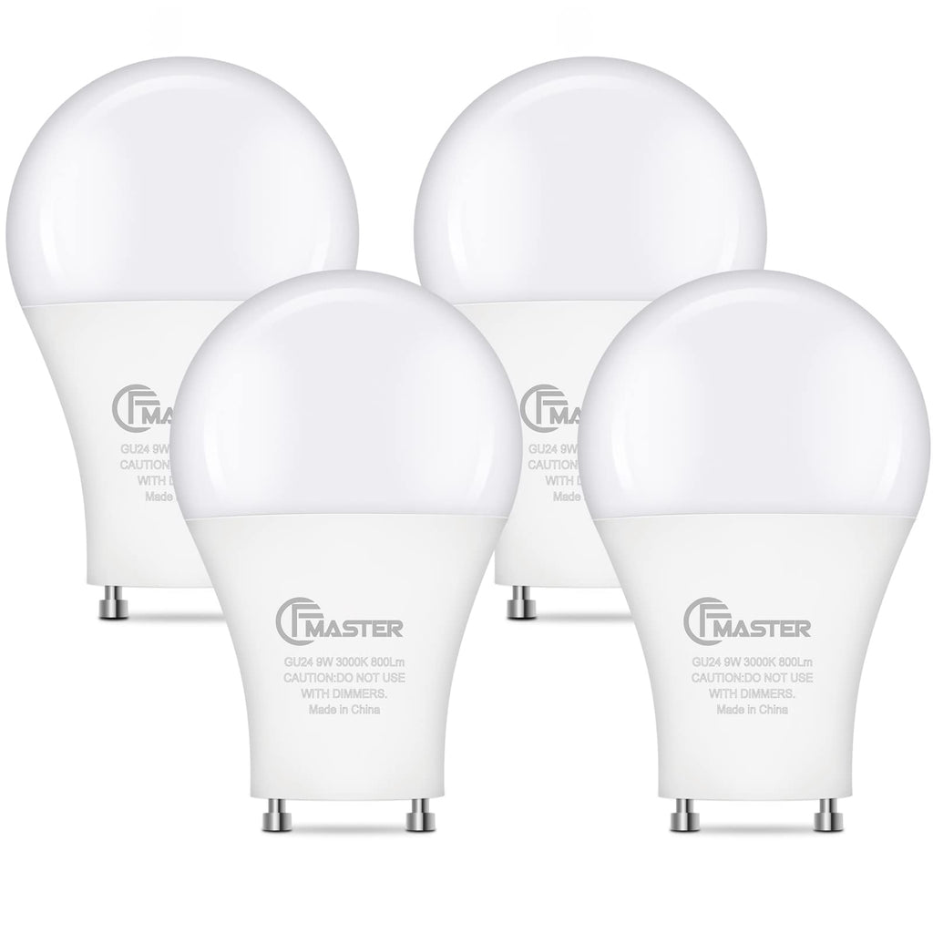 CFMASTER GU24 LED Llight Bulb, 3000K Warm White, 9W(100W Equivalent), 800 Lumens, A19 Shape GU24 LED Bulbs, Twist and Lock GU24 Pin Base with Two Prongs, Non-Dimmable(16-Pack)