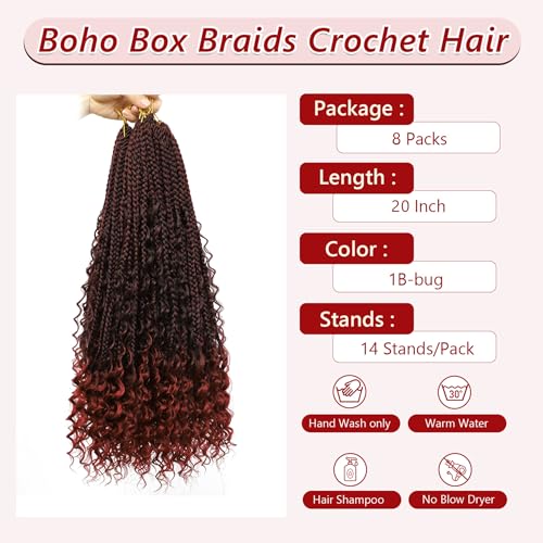 8 Packs Crochet Box Braids-20 Inch Boho Box Braids Crochet Braids Hair Bohomian Box Braid Crochet Hair Goddess Box Braids Crochet Hair for Black Women(1B/Bug)