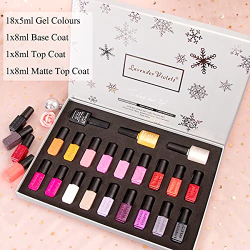 Lavender Violets Gel Nail Polish Kit - 18+3 Colors Glitter Purple Gray Silver Gold Soak-off UV LED Nail Gel Set with Base, Matte and Glossy Top Coat F985A