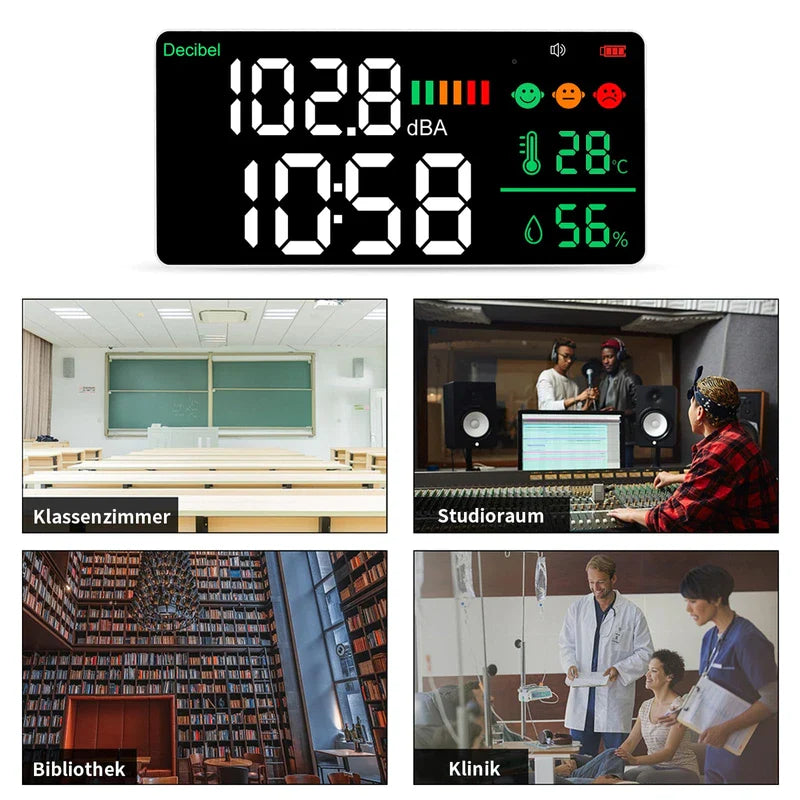 5-in-1 Decibel Meter Wall Mounted DB Meter Sound Level Meter 30-130dB 11 Inch Large LED Display Noise, Time, Temperature & Humidity Meter for Home (Db Meter 2000 mAh)