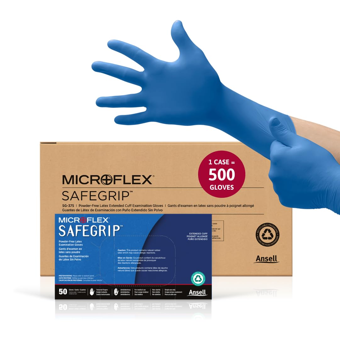 Microflex Safegrip SG-375 Latex Gloves - Disposable, Extended Cuff, Blue Size Large (Case of 500) (SG-375-L)