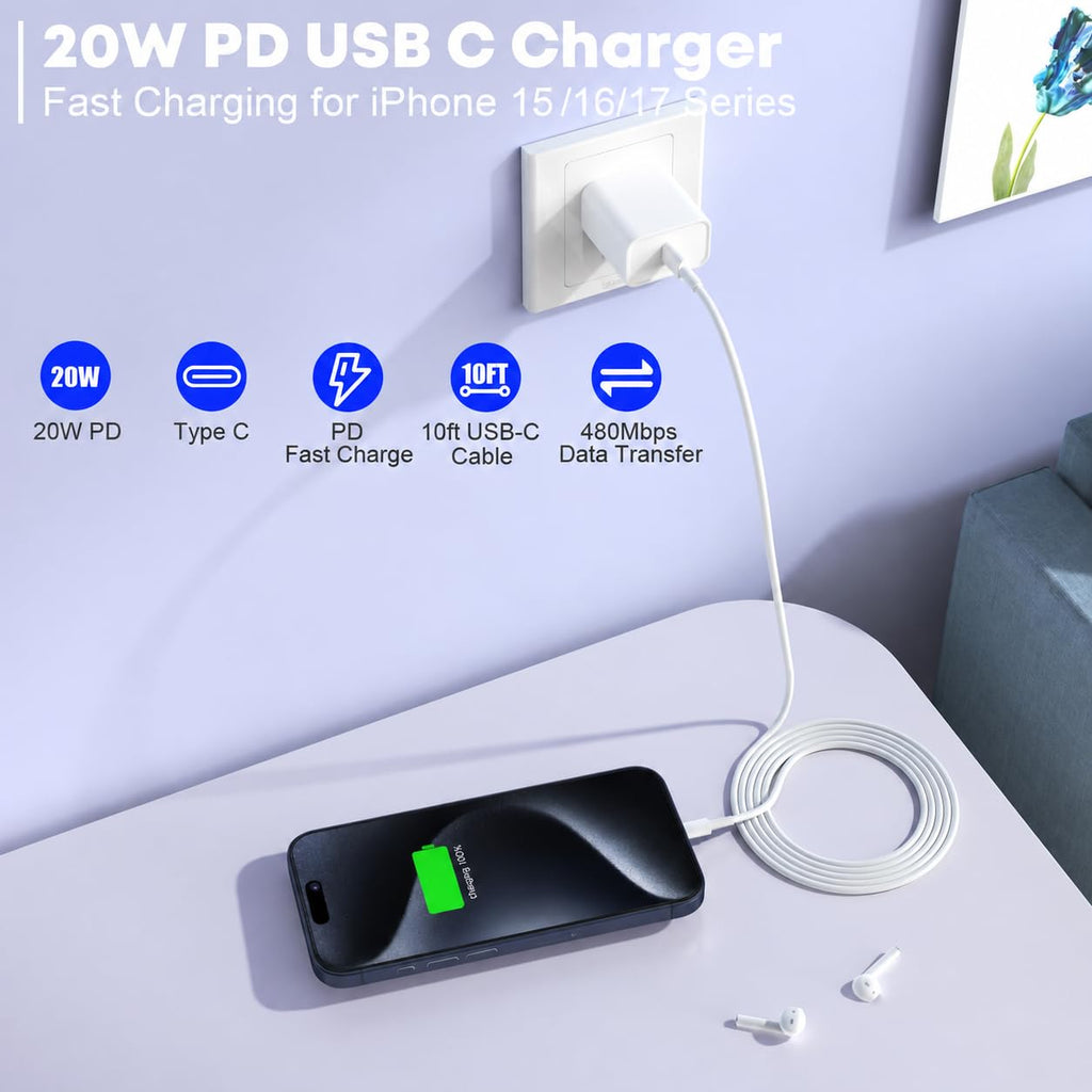 Fast Charger for iPhone 17/16/15 Charger,10FT Extra Long Fast Charging 3Pack Block USB-C to USB C Fast Charging Cable Cord for iPhone Air/17 Pro Max/iPhone 16 Pro/16 Plus/15 Pro Max,iPad Pro/Air/Mini