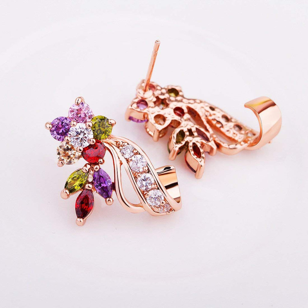 BISAER Rose Gold Multicolor CZ Flower Stud Earrings for Women Lady Trendy