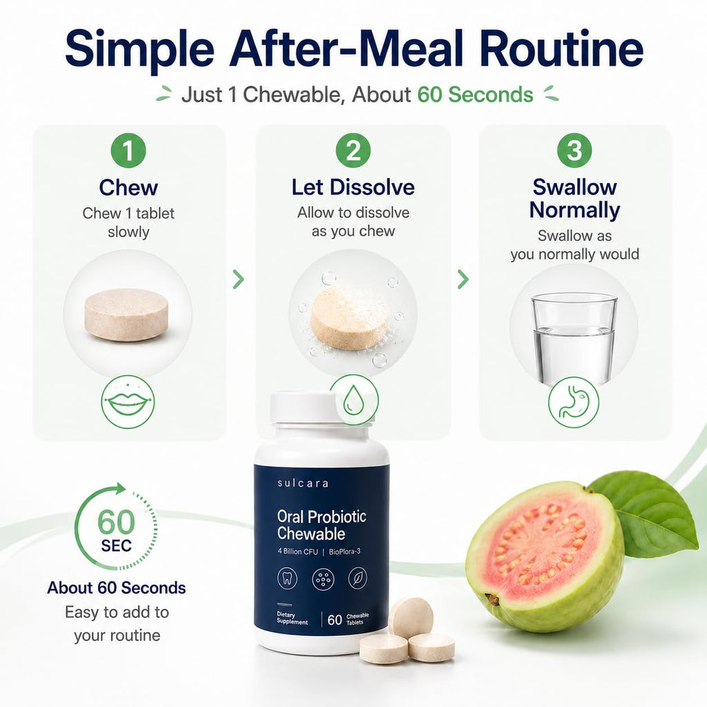Sulcara Oral Probiotic Chewables, Guava Xylitol Flavor Oral Care for Fresh Breath and Daily Mouth Routine, Non-GMO, Gluten-Free, 60 Servings