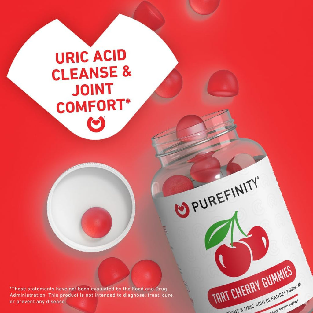 PUREFINITY Tart Cherry Gummies – Uric Acid Flush for Joint Relief & Recovery, Raw Juice Extract Antioxidant – Non-GMO, Gluten Free, Vegan, 60 Count (Pack of 2)
