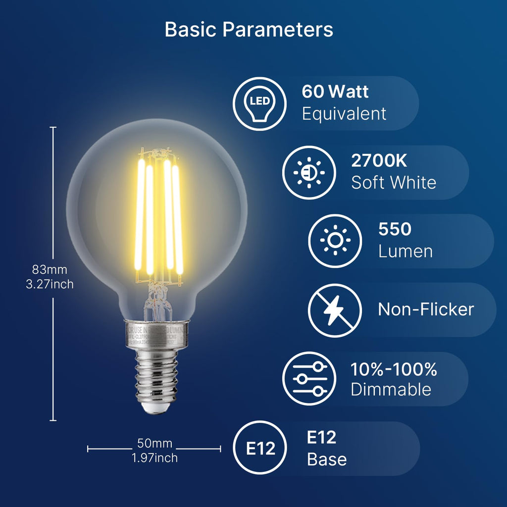 FLSNT G16.5 Dimmable LED Candelabra Bulbs 60W Equivalent, LED E12 Chandelier Light Bulbs, 550LM, CRI90, 5.5W, AC 120V, 6 Pack, 2700K Soft White