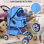 4 Wheels Pet Stroller Cat Dog Cage Stroller Travel Folding Carrier with Cup Holders and Removable Liner for Small-Medium Dog, Cat (Blue)