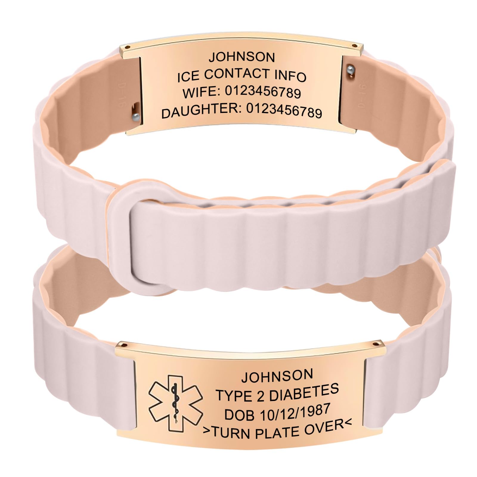 YOUNIFLARE Personalized Medical Alert Bracelet, Pink/Beige - Rose Gold