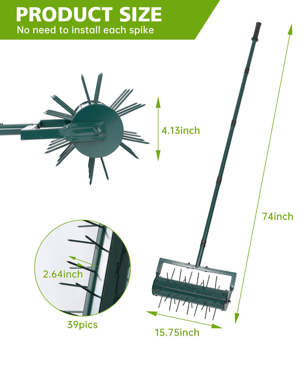 Rolling Lawn Aerator Tool with 39 Spike for Outdoor Lawn Yard Soil Garden