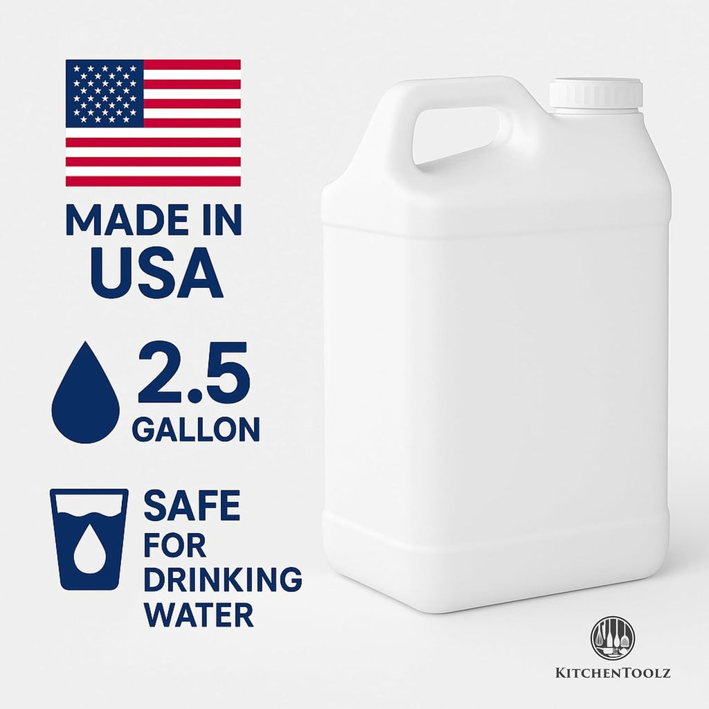 kitchentoolz 2.5 Gallon Water Jug – Heavy-Duty HDPE Carboy for Automotive Used Oil & Liquid Storage – 10 Quart Mixing Container with Secure Lid – Made in USA - White 6 Pack