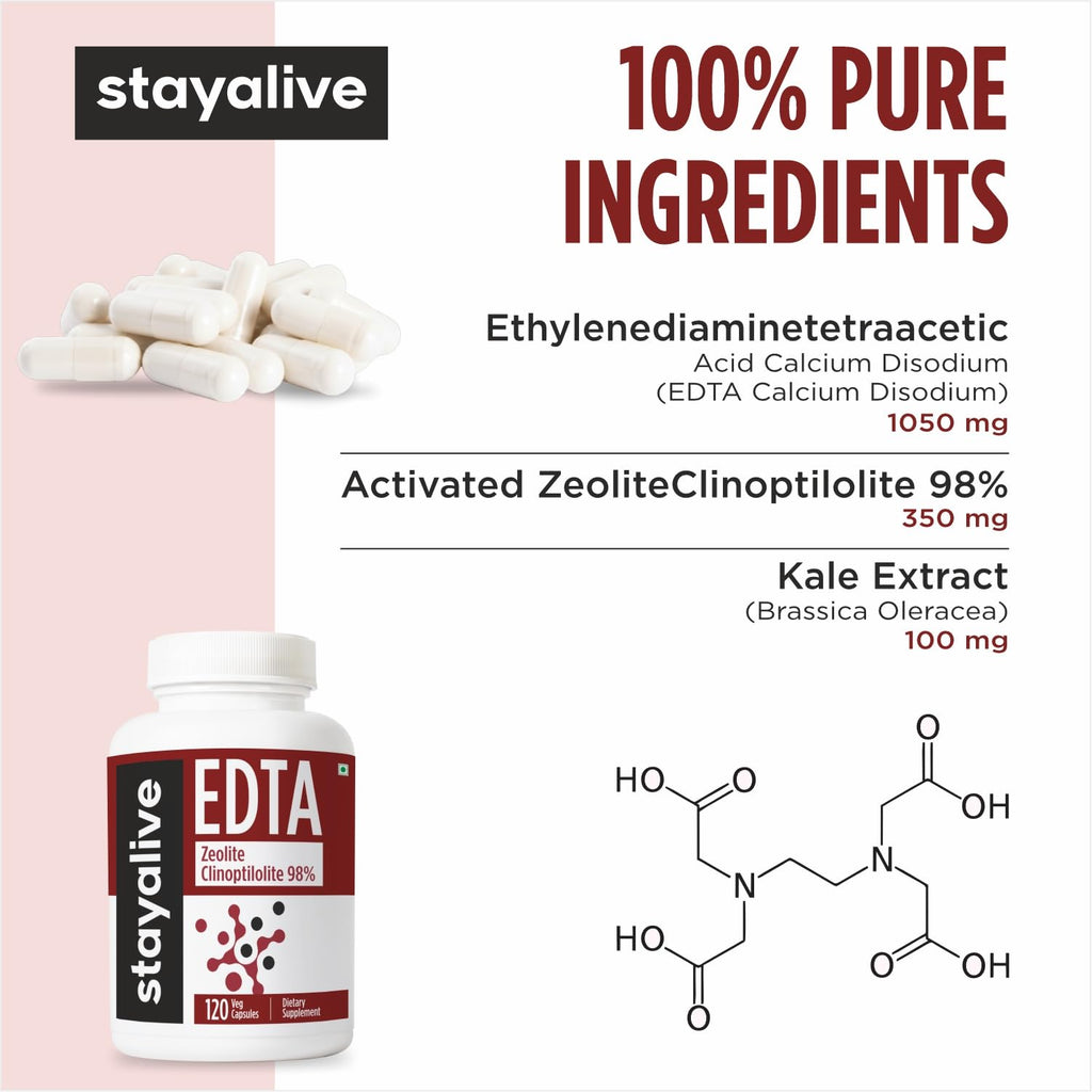 STAY ALIVE EDTA Capsules 1500mg with Zeolite 98% and Kale Extract Powder, 120 Pills, Non-GMO & Gluten Free Calcium Disodium EDTA Supplement