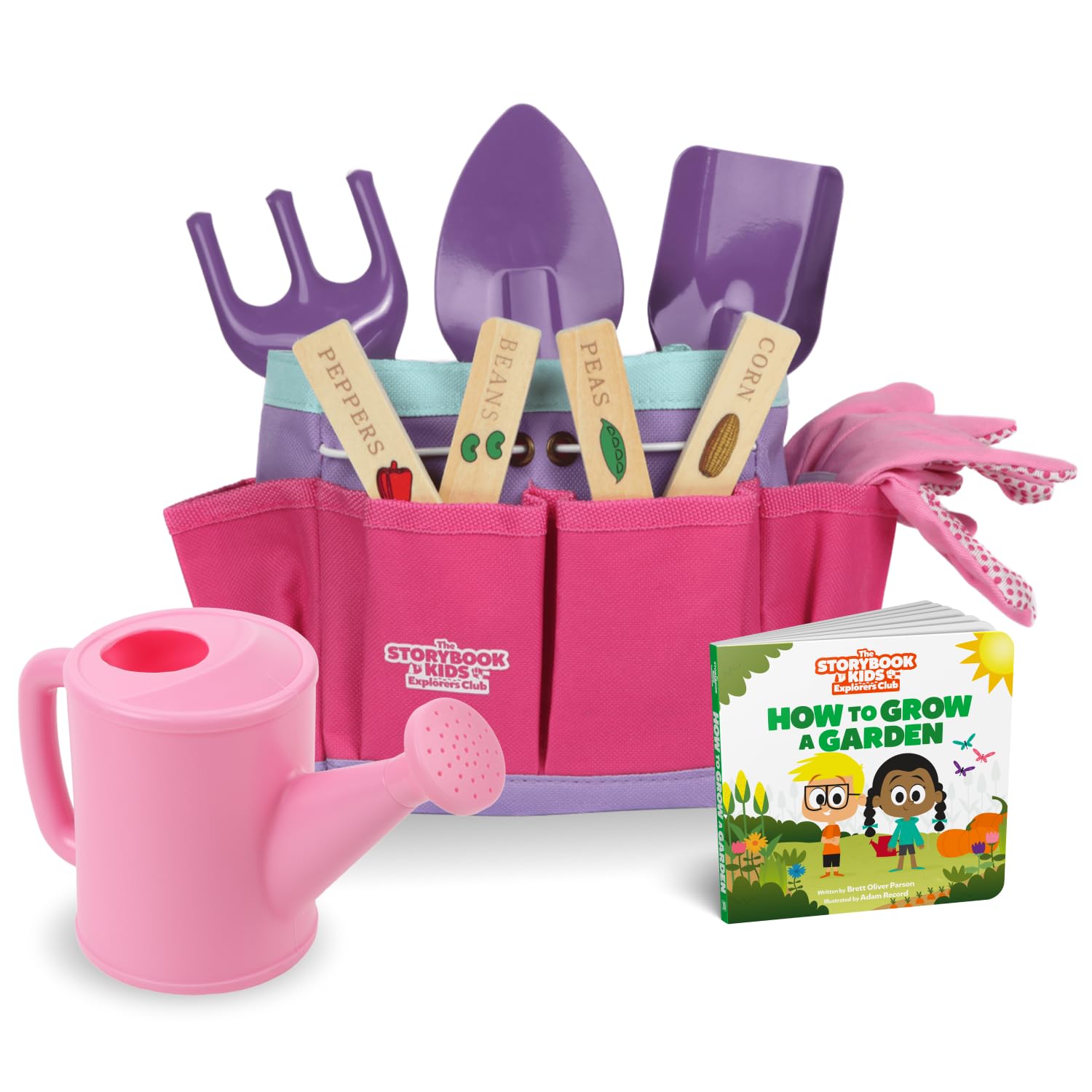 Pink Kids Gardening Tools - Includes Sturdy Tote Bag, Watering Can, Gloves, Shovels, Garden Stakes, and a Delightful Children's Book How to Garden Tale - Kids Garden Tool Set for Toddler Age on up.