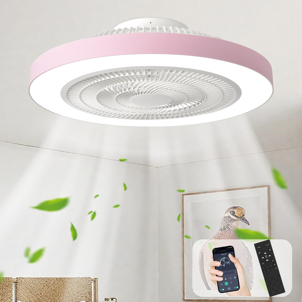 Depuley Bedroom Ceiling Fan with Light: 19" Modern LED Flush Mount Low Profile Ceiling Fans with Remote & Smart APP Control - Pink Enclosed Bladeless Fandelier Dimmable Quiet DC Motor for Kids Room