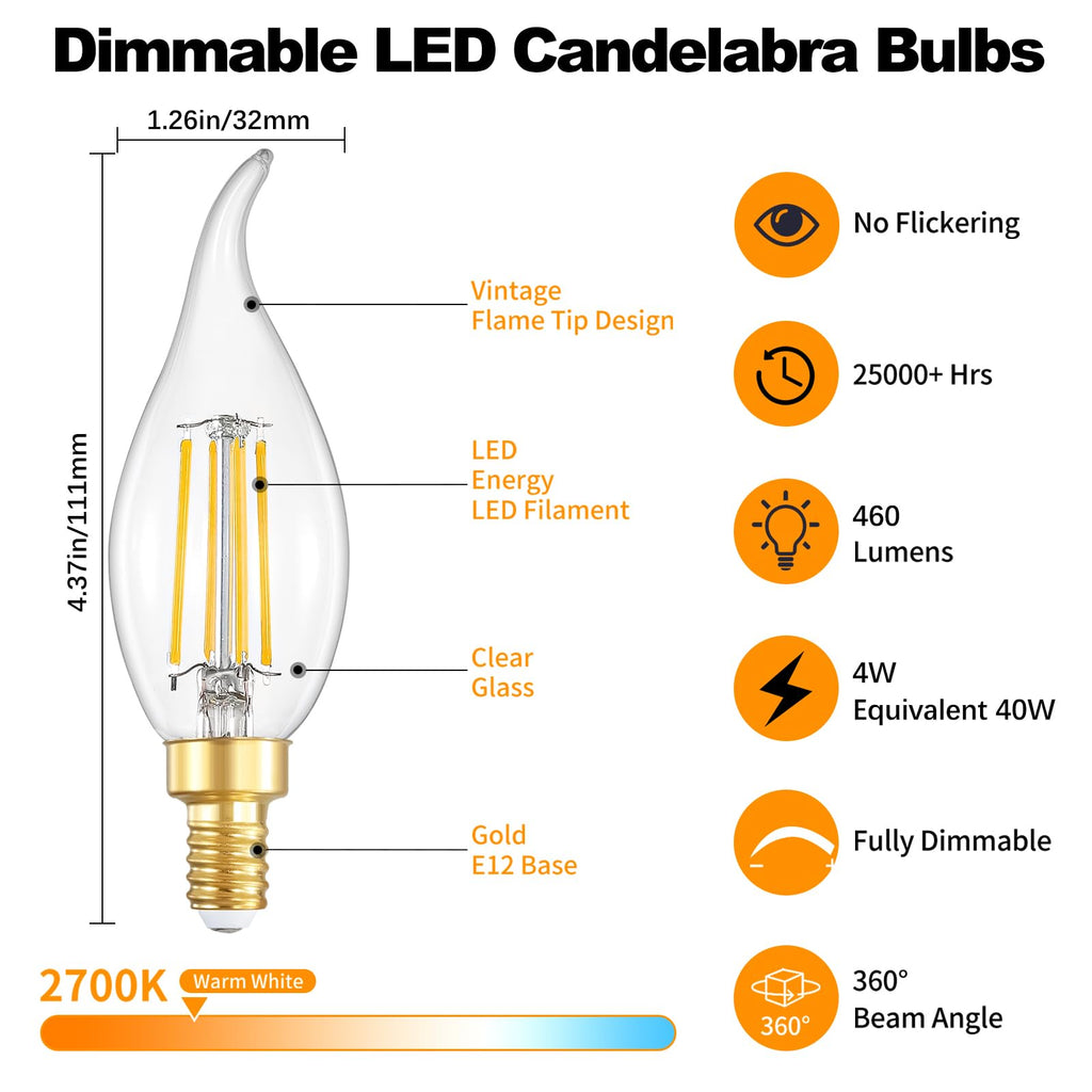 IINVGOOD Dimmable LED Candelabra Bulbs 40 Watt Equivalent, 2700K Soft Warm White Chandelier Light Bulbs, 4W 460 Lumens Flame Tip Candle Light Bulbs, E12 Base Bulbs, 90+CRI, 12 Packs