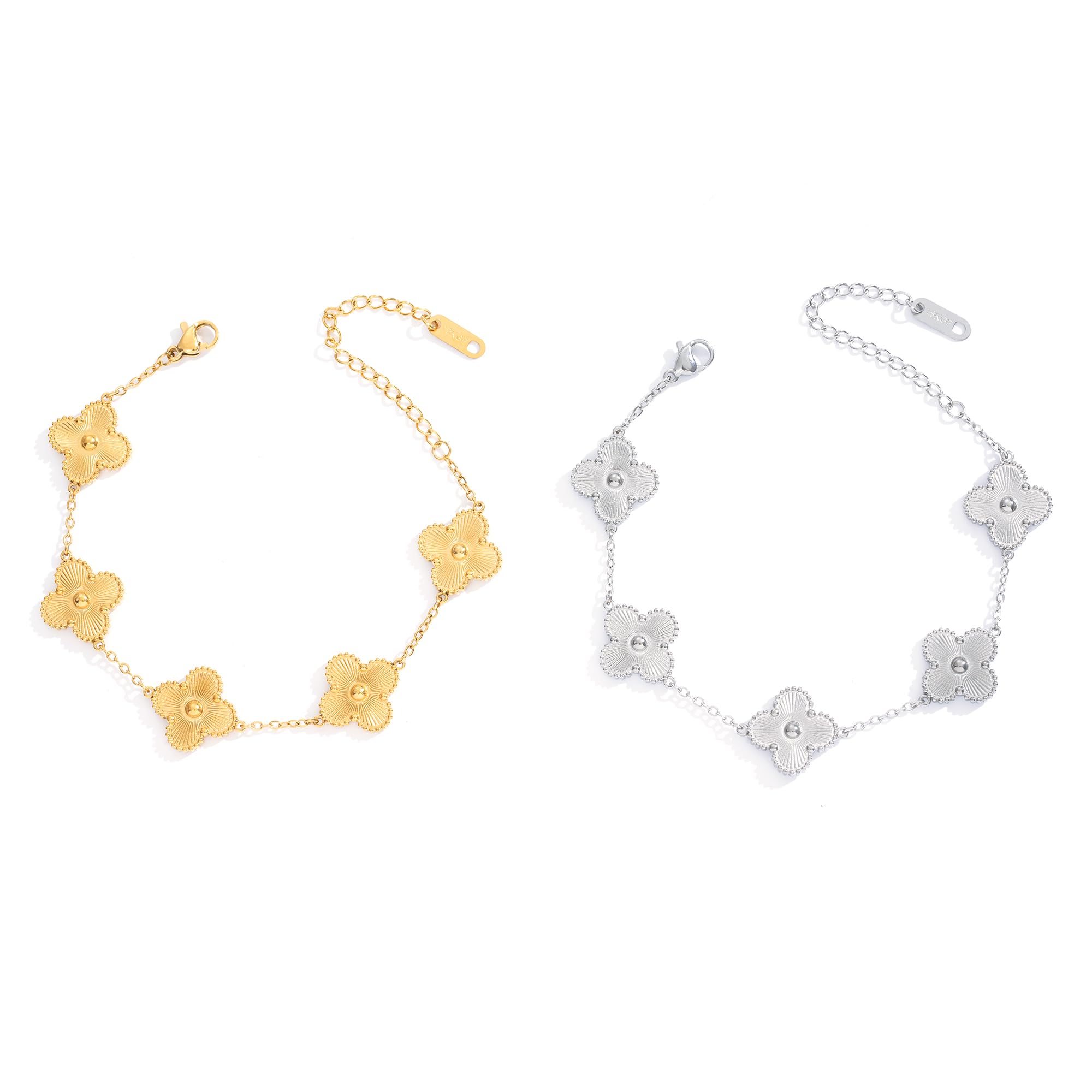 Acicihenn Waterproof Four-Leaf Clover Bracelet, Adjustable Link Double Sided Jewelry, Lovely Fashion Jewelry Gift for Women Gold Bracelet + Silver Bracelet