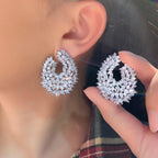 CWWZircons Luxury Cubic Zirconia Dangle Drop Big Earrings, Silver Plated, Clear Crystal Leaf Design, Wedding Bridal Party Statement Jewelry
