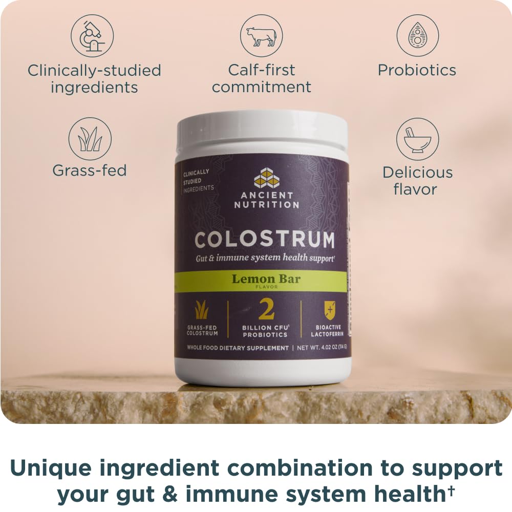 Ancient Nutrition Colostrum Superfood Powder, Grass Fed Bovine Colostrum, Supports Healthy Gut Microbiome and Immune System, Clinically Studied Lactoferrin & Probiotics, Lemon Bar, 60 Servings