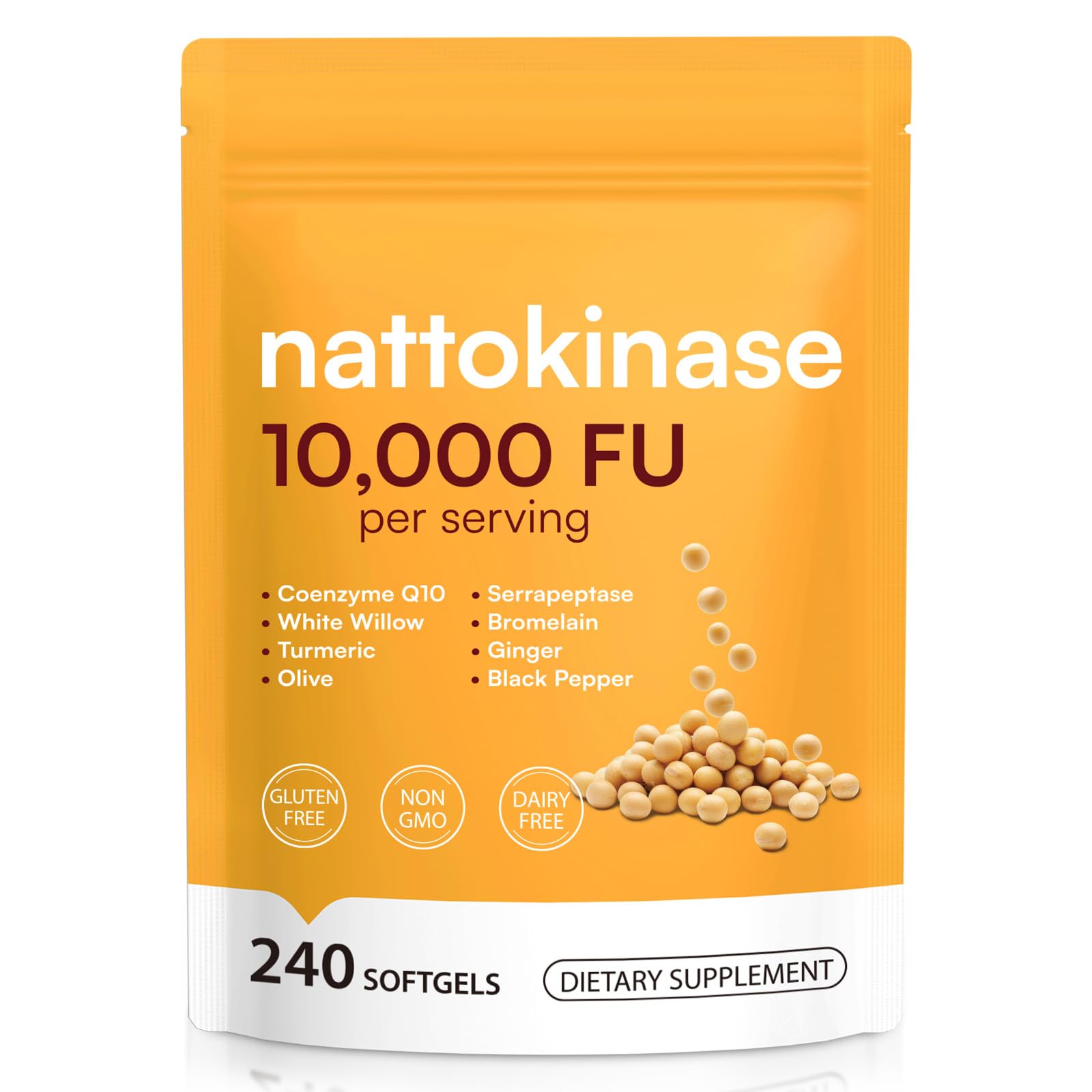 AIQIUSHA Nattokinase 10,000 FU with Serrapeptase, Bromelain & CoQ10, Triple Enzyme Complex from Fermented Soy Extract, Herbal Blend with Turmeric & Olive Leaf, Enteric Softgels, Non-GMO, 240 Count