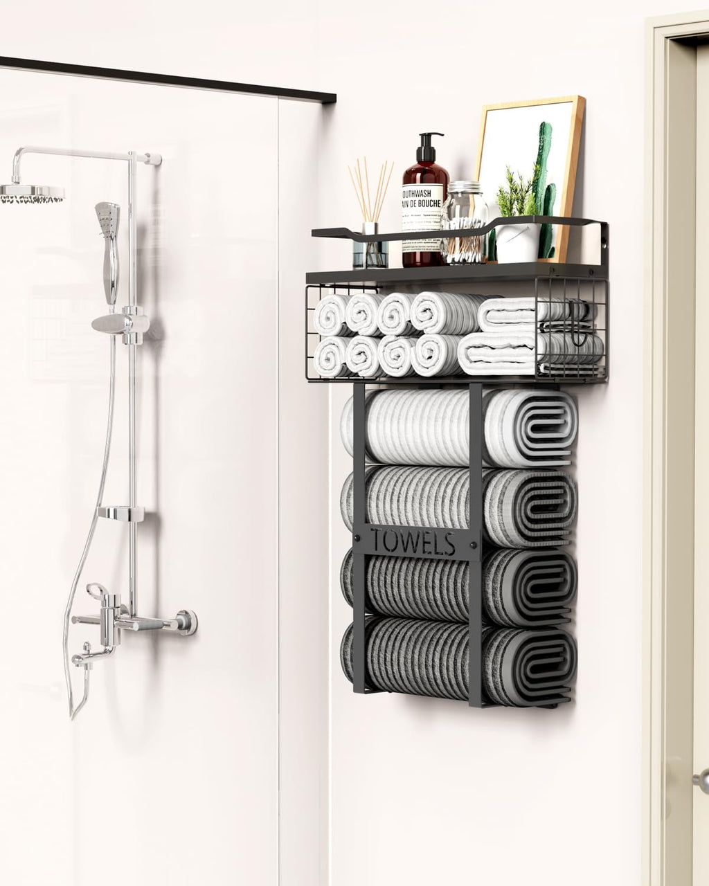 Wall Mounted Towel Rack for Bathroom - Bath Storage Holder Set Above Toilet, Rolled Towel Shelf Organizer, Wood Vertical Rack for Small Bathroom Decor, Black