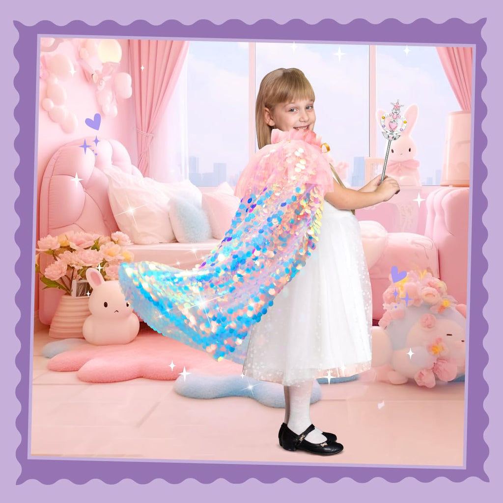 Meland Princess Dress Up for Girls 3-8, Mermaid Cape with Crown, Dress Up Clothes for Girls Birthday Gift, Christmas, Halloween Role Play Costumes, Toys for Kids Toddlers Pretend Play