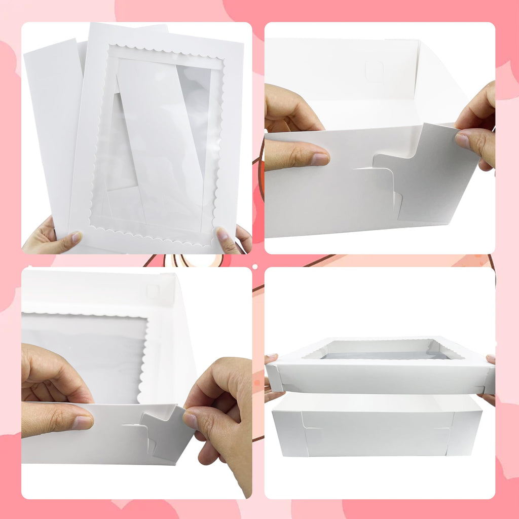 MUMULULU 4 PCS 19x14x4 Inch Cake Boxes with Cake Board White Sheet Rectangular Bakery Boxes with Window for Donuts Cookies Dessert Cupcakes Pastry Baking Pie Packaging