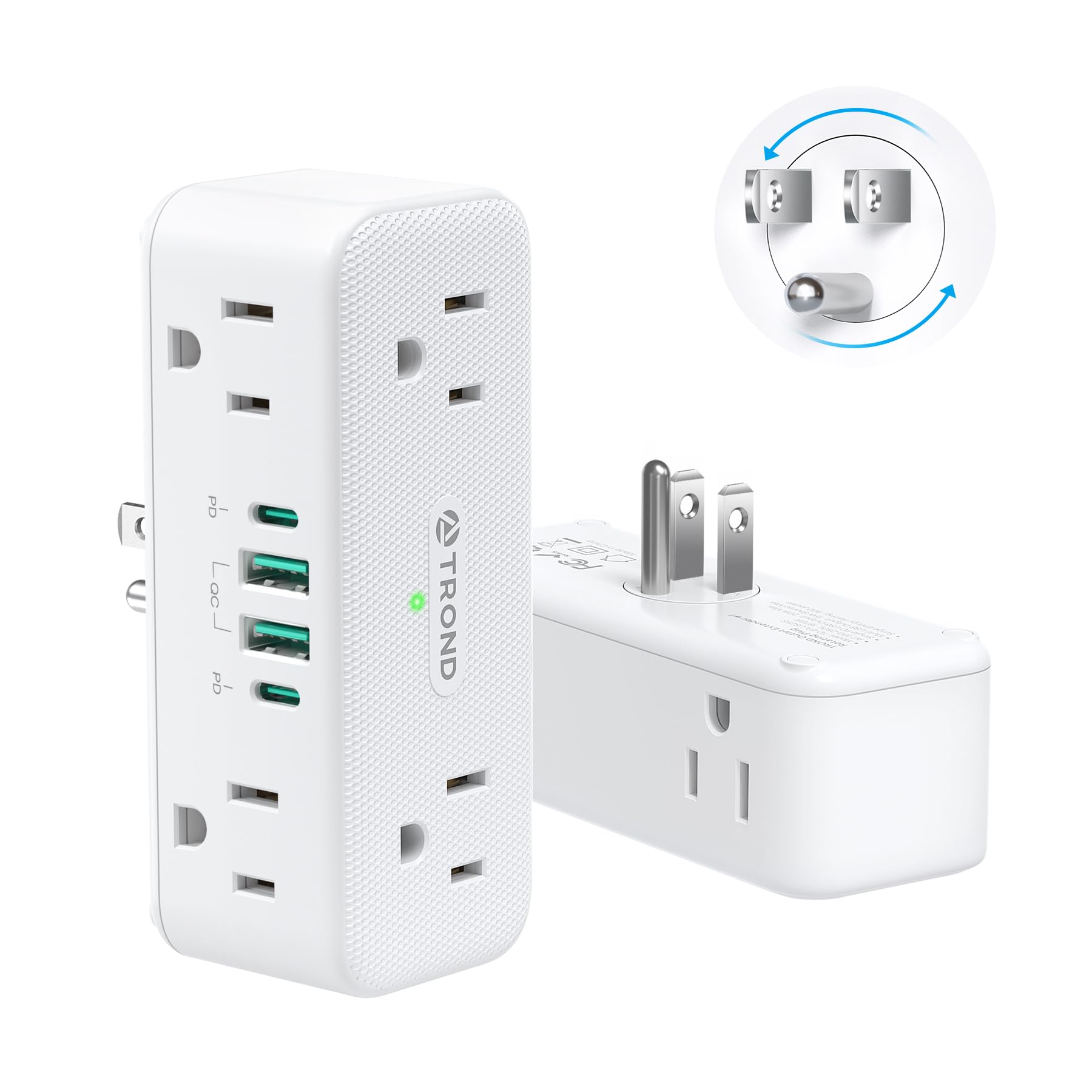 TROND 360° Rotating Wall Outlet Extender 2 Pack, 6AC Outlet Splitter with 2 PD20W USB C Charger and 2 USB A Ports, 900J Surge Protector, 3-Way Sideways Plug Adapter for Kitchen, Bathroom, Bedroom