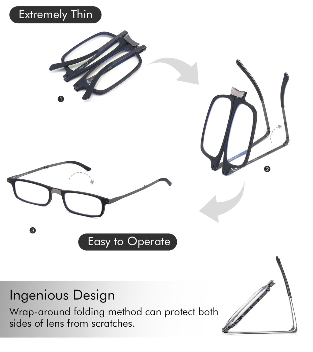Missfive Premium Folding Reading Glasses Blue Light Blocking for Men Women, Ultra Thin Foldable Portable Travel Readers with Durable Pocket Metal Case, Black Lightweight Compact Eyewear 1.5x