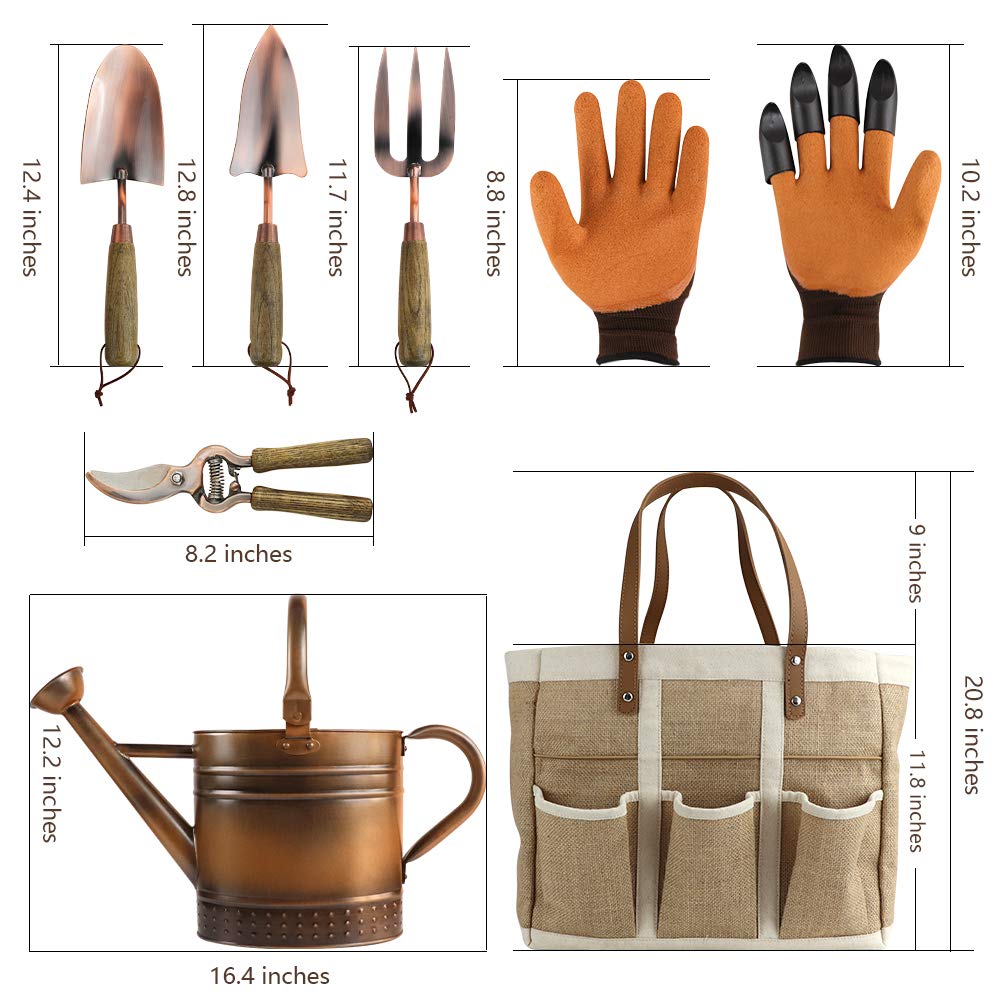 Megawodar 1 Gallon Galvanized Steel Watering Can with 3 Pcs of Garden Tools, 1 Pc of Pruning Shear, 1 Pair of Gardening Gloves，1 Pc of Garden Tools Organizer Tote