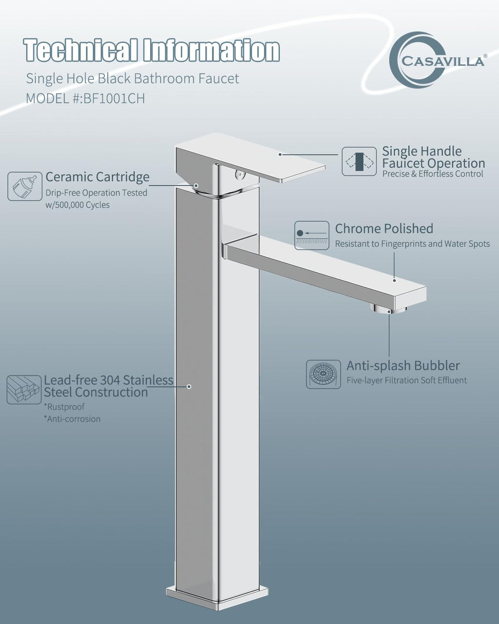 Casavilla Bathroom Sink Faucet(2 Sets),Single Handle Bathroom Faucets with Pop-up Drain and 2 Supply Hoses,Chrome Single Hole Tall Barrel Vanity Faucet,304 Stainless Steel for Sink