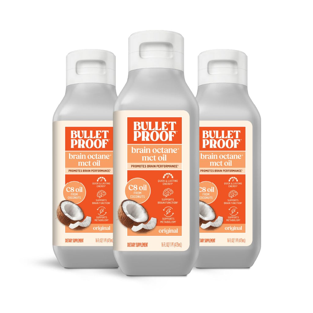 Bulletproof Coconut Brain Octane C8 MCT Oil, 16 Ounces (Pack of 3), Premium Keto Supplement for Sustained Energy, Brain and Body Fuel, Unflavored, Add to Coffee and Smoothies, Packaging May Vary