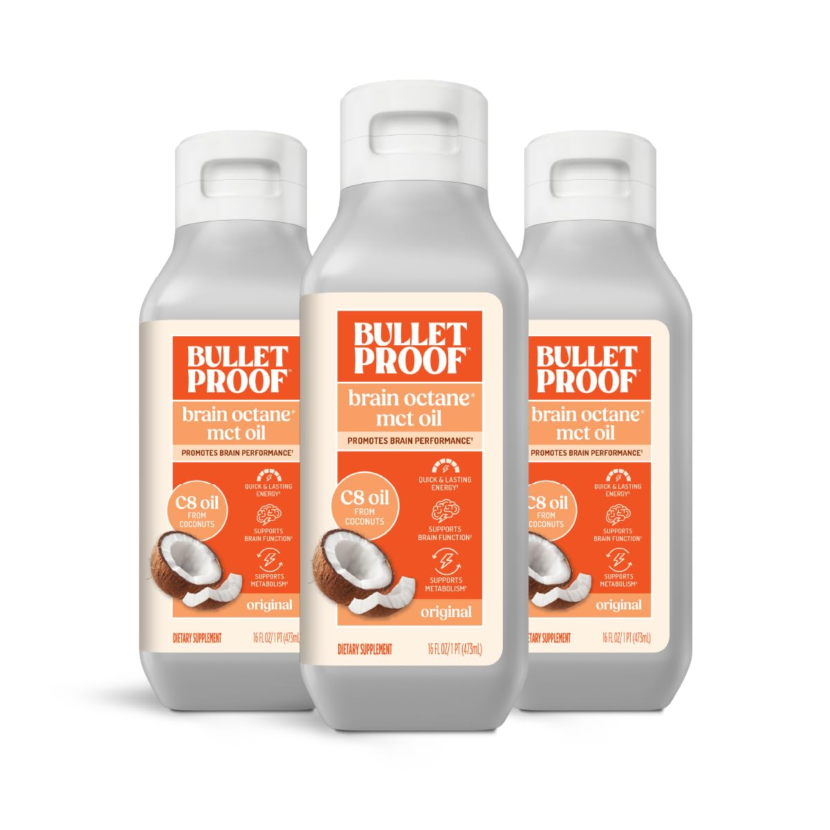 Bulletproof Coconut Brain Octane C8 MCT Oil, 16 Ounces (Pack of 3), Premium Keto Supplement for Sustained Energy, Brain and Body Fuel, Unflavored, Add to Coffee and Smoothies, Packaging May Vary