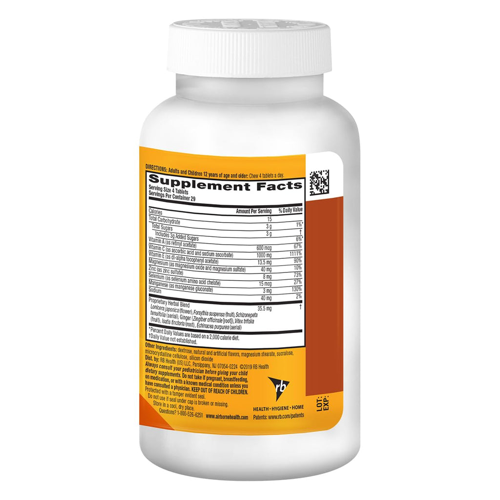 Airborne 1000mg Vitamin C + Zinc Immune Support Supplement Chewable Tablets, Citrus Flavor with Powerful Antioxidants Vitamins A C & E, 116 Chewable Tablets (2 Pack)