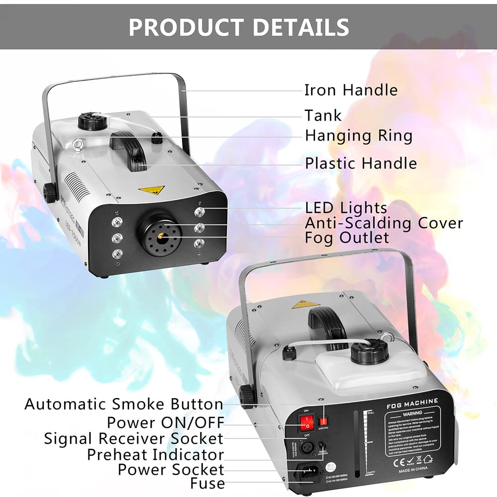 Fog Machine 1500W with 6 LED Lights and Wireless Remote Control, Professional Smoke Machine for DJ Halloween Party Wedding Christmas