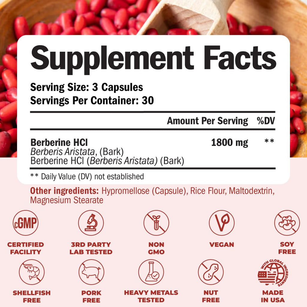 Vimerson Health Berberine Supplement with Third Party Tested Berberine 1800mg - Immune Support Supplement for Cardiovascular, Gastrointestinal Function & Metabolic Aid - Vegan & Non-GMO