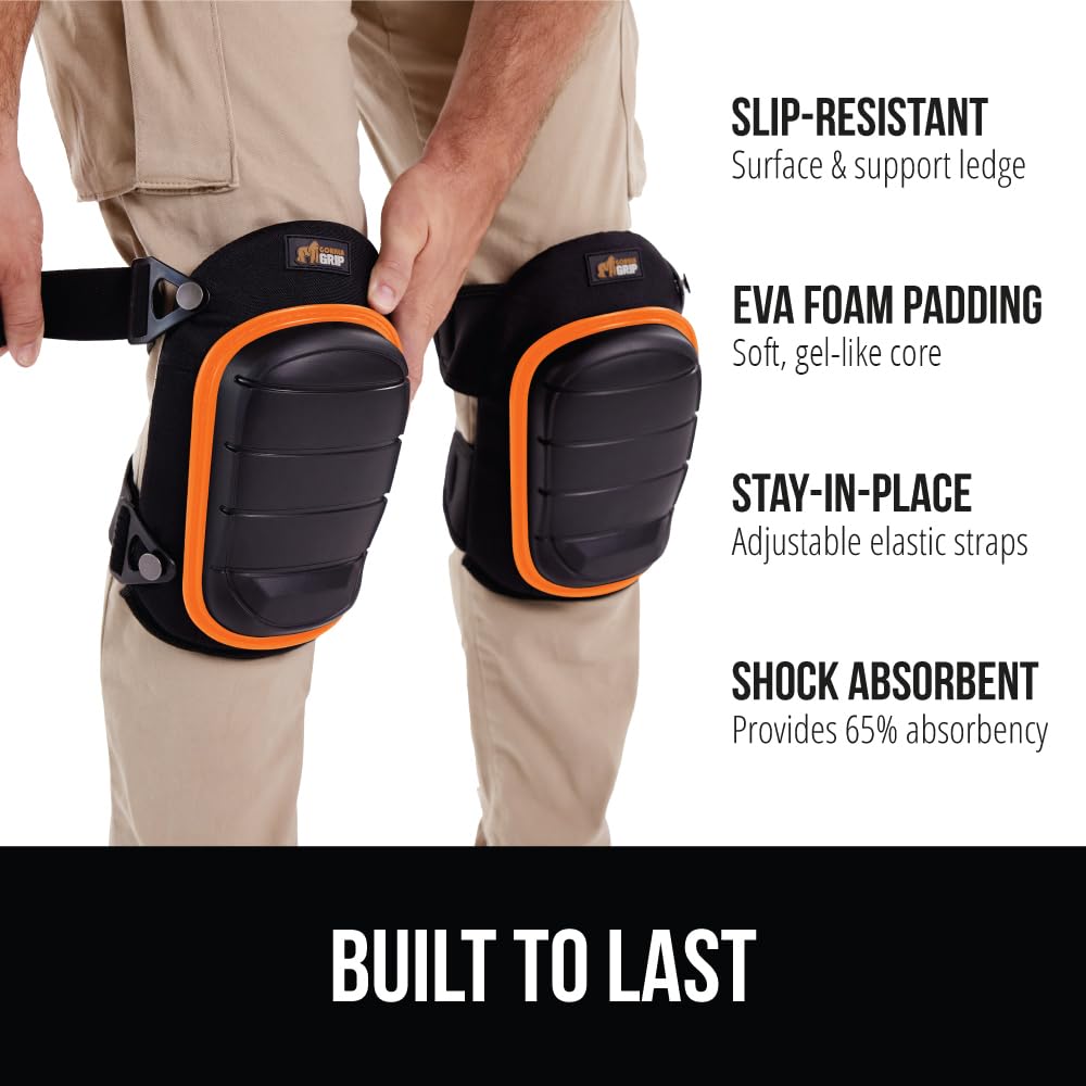 GORILLA GRIP® Knee Pads for Work, All Day Comfort Gel Cushion and Soft Foam for Men and Women, Slip Resistant Heavy Duty Hard Cap, Adjustable Straps for Flooring, Construction and Gardening, Orange