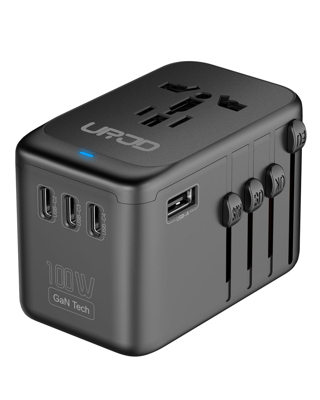 URJD Universal Travel Adapter 100W GaN Fast Charger in One, 5 USB Ports & 2500W AC Outlet, International Power Adapter for Europe UK US 200+ Countries, Compatible for MacBook iPhone iPads Laptop Phone