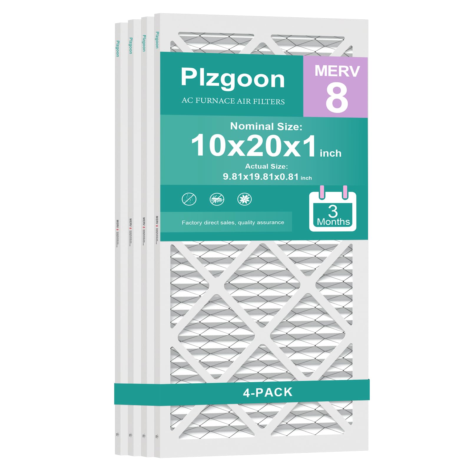 10x20x1 Air Filter MERV 8 MPR 600 (4 Pack) Pleated HVAC Furnace Filters for Home Air Conditioner AC Heating System (Exact Dimensions: 9.75"L x 19.75"W x 0.75"Th)