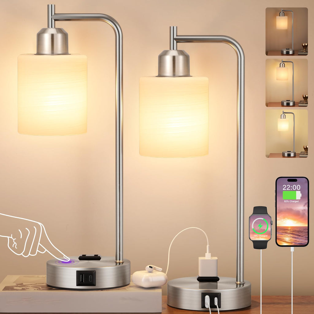 Innqoo Industrial Nickel Table Lamps for Bedrooms Set of 2-3-Way Dimmable Desk Lamp with USB C+A Ports and Outlet, Sliver Lamps with Striped White Glass Shade for Living Room