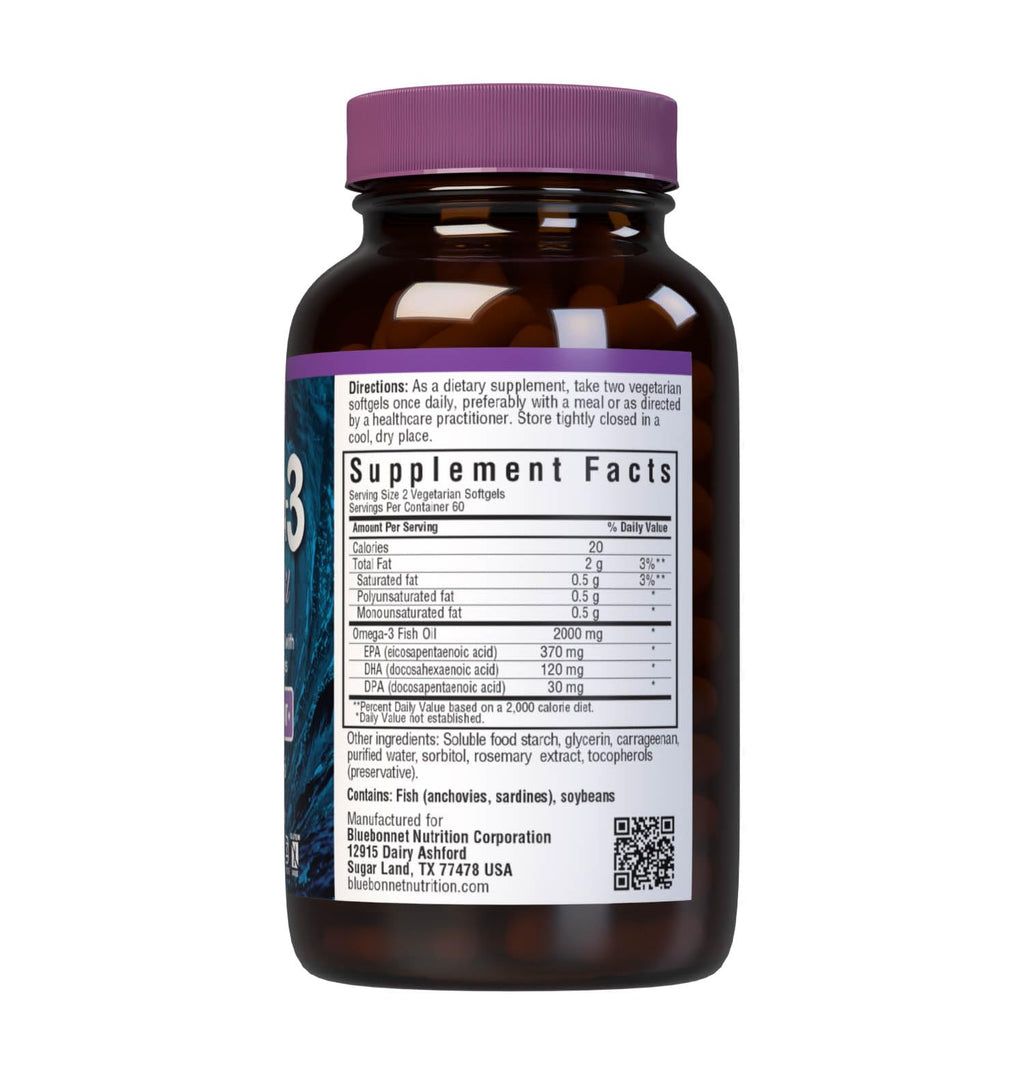 Bluebonnet Nutrition Omega-3 Kosher Fish Oil, Natural Triglyceride Form, Gluten-Free, Dairy-Free, Kosher Certified, Non-GMO, 3rd Party Tested, Molecularly Distilled, 120 Vegetarian Softgel, 60 Serving