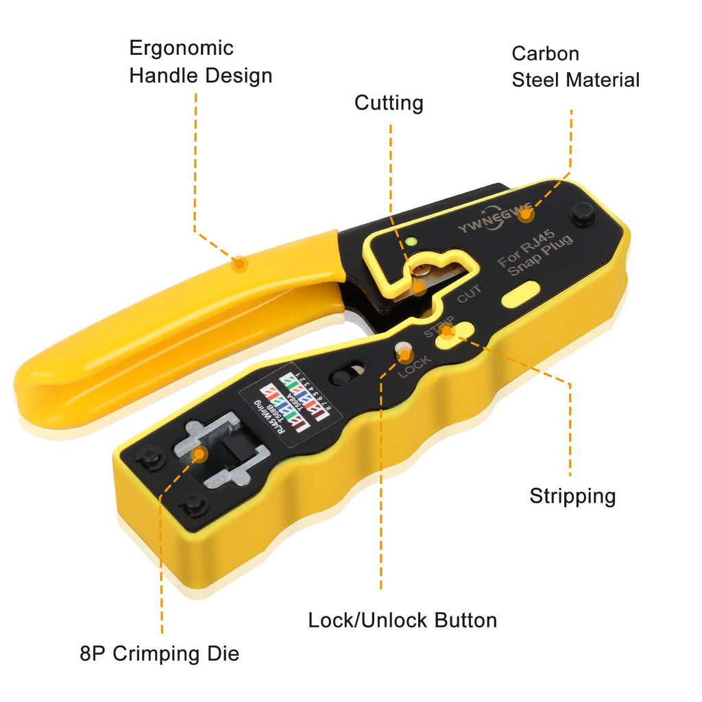RJ45 Crimp Tool Kit Pass Through Ethernet Crimper for Cat5e Cat6 Cat6a 8P8C Modular Plugs,Cat6 Crimping Tool with 20 Connectors,20 Covers,1 Mini Stripper,100 Cable Zip Ties,1 Cable Tester, 2 Blades