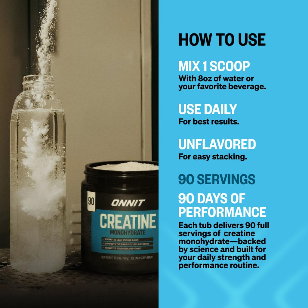 ONNIT Creatine Monohydrate Powder – Unflavored, 90-Serving Value Size – Supports Strength, Lean Muscle, and Brain Energy† – Keto Friendly, No Fillers, 90 Servings, 15.29 oz