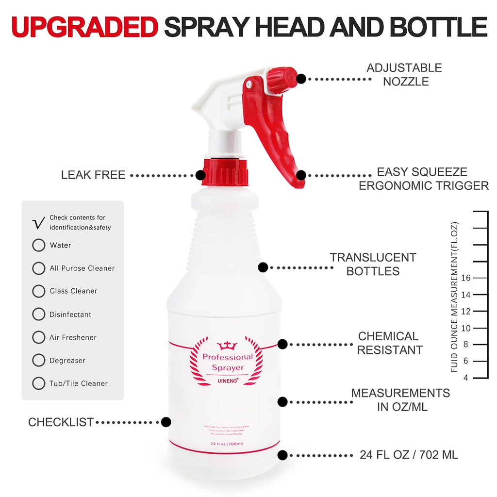 Uineko Empty Spray Bottles, Heavy Duty Sprayer, Mist & Stream, 4 Pack 24 Oz