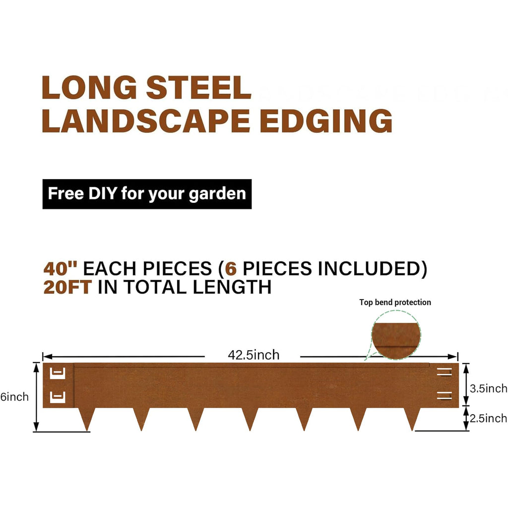 Cor-Ten Steel Landscape Lawn Edging, 40" L x 6" H,6 Pack Steel Edging for Landscaping,Metal Landscape Edging, Metal Edging for Landscaping(180 Degree Bend, Rusted)