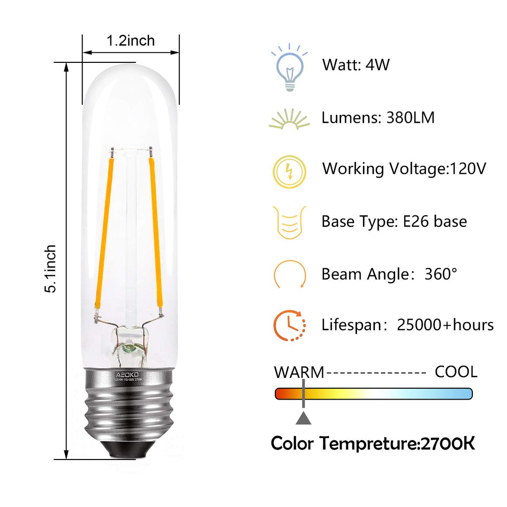 T10 Edison LED Tube Bulbs - Warm White, 2700K, Dimmable - Vintage Style, 4W Equivalent to 40W Incandescent, E26 Base, 3 Pack for Pendant Lights & Desk Lamps