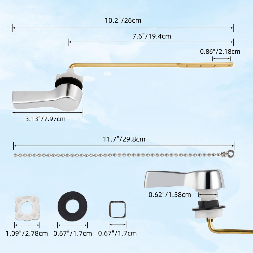 Hibbent Universal Front Mount Metal Toilet Handle Replacement Kit, Brass Toilet Tank Flush Lever with Stainless Steel Adjustable Flapper Chains for Most Toilets, Chrome