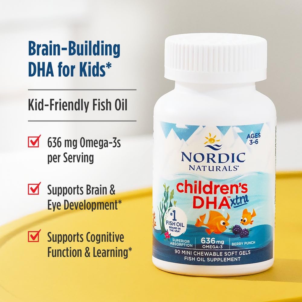 Nordic Naturals Children’s DHA Xtra, Berry Punch - 90 Mini Chewable Soft Gels for Kids - 636 mg Omega-3s EPA & DHA - Cognitive & Immune Function, Learning, Social Development - Non-GMO - 30 Servings