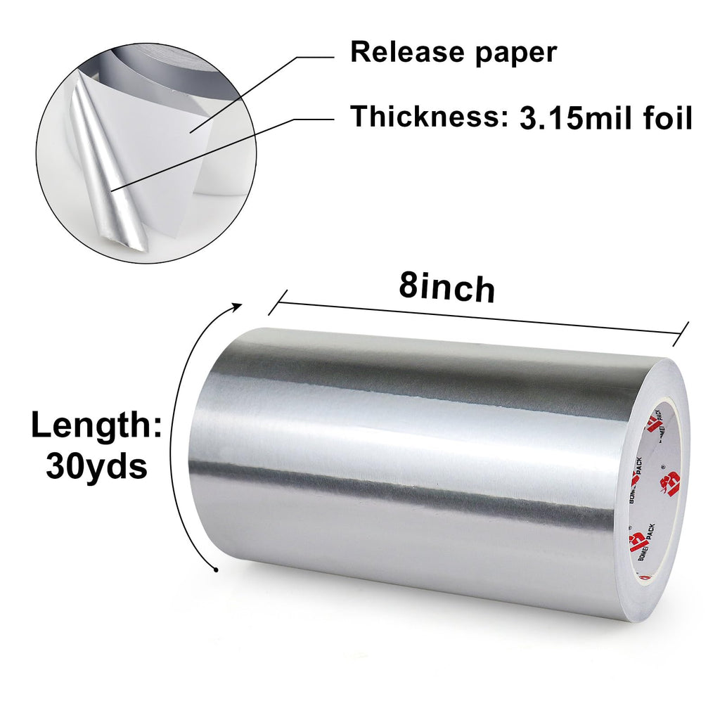 BOMEI PACK Aluminum Foil Tape,Heavy Duty Metal Foil Tape,High Temperature Silver Duct Tape,Perfect for Sealing & Patching,HVAC,Air Ducts,Insulation and Metal Repair (8 Inch)
