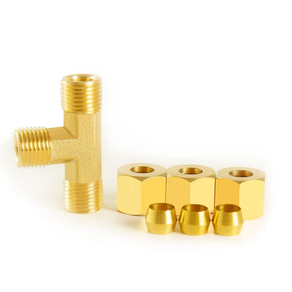 ChillWaves Brass Tee Compression Tube Fitting, 3/8" OD x 3/8" OD x 3/8" OD Compression Union Connector(5-PACK)