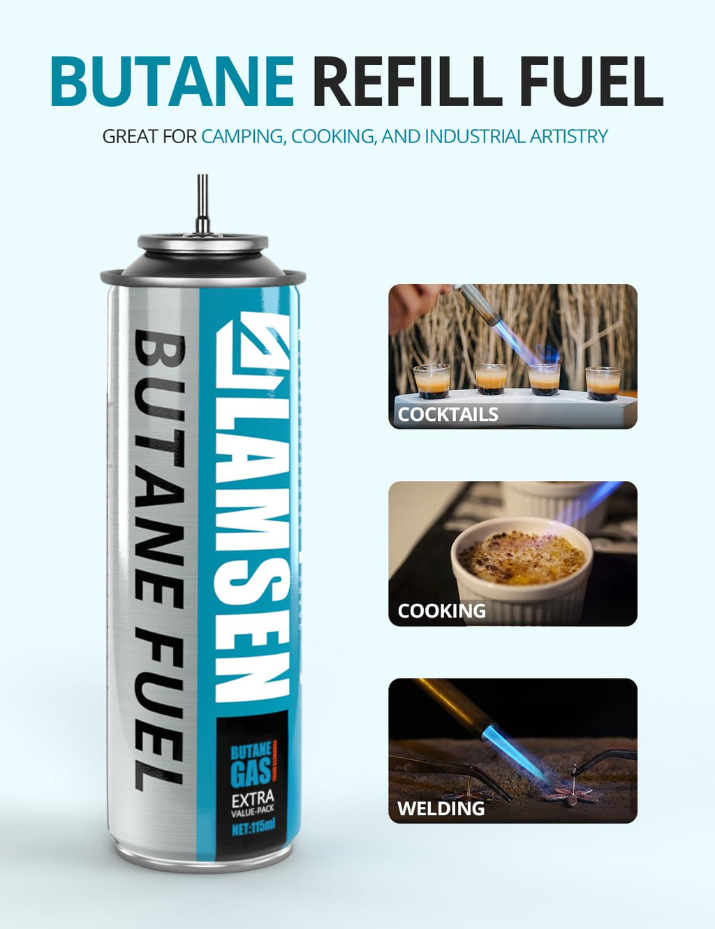 Lamsen Butane Refill - 115ml, Butane Fuel for Torch Lighter, Butane Canister for Torch Lighter, Butane Fuel Gas for Cooking, Camping and Welding, 3 Can