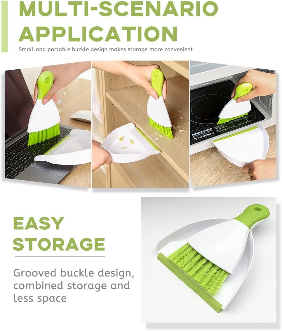 Small Hand Dust Pan and Brush - Small Broom and Dustpan Set, Mini Broom and Dustpan, Compact Dustpans and Brush for Home Cleaning, Sofa, Desk, Guinea Pig Cage, Cat Litter, etc. (Green 3 Set)